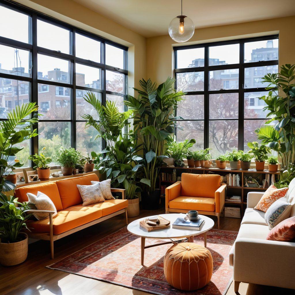 A vibrant, sunlit room filled with lush plants, colorful art pieces, and cozy textures, creating a joyful atmosphere. Include comfortable seating arranged for social interaction, natural light streaming through large windows, and elements that symbolize sustainability like recycled materials and eco-friendly decor. Capture a sense of warmth and community that uplifts the spirit. super-realistic. vibrant colors. bright and airy.