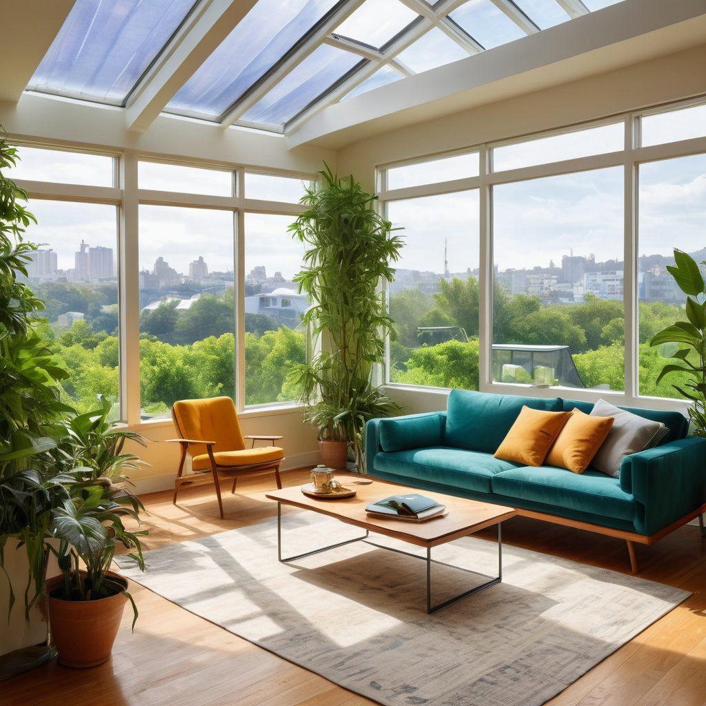A serene and vibrant living space filled with indoor plants, soft natural light filtering through large windows, and eco-friendly furniture made from sustainable materials. Include sketches of architectural blueprints overlaying the scene, depicting sustainable design elements like solar panels and green roofs. The atmosphere should evoke tranquility and joy, symbolizing a happy, eco-conscious lifestyle. watercolor painting. vibrant colors.