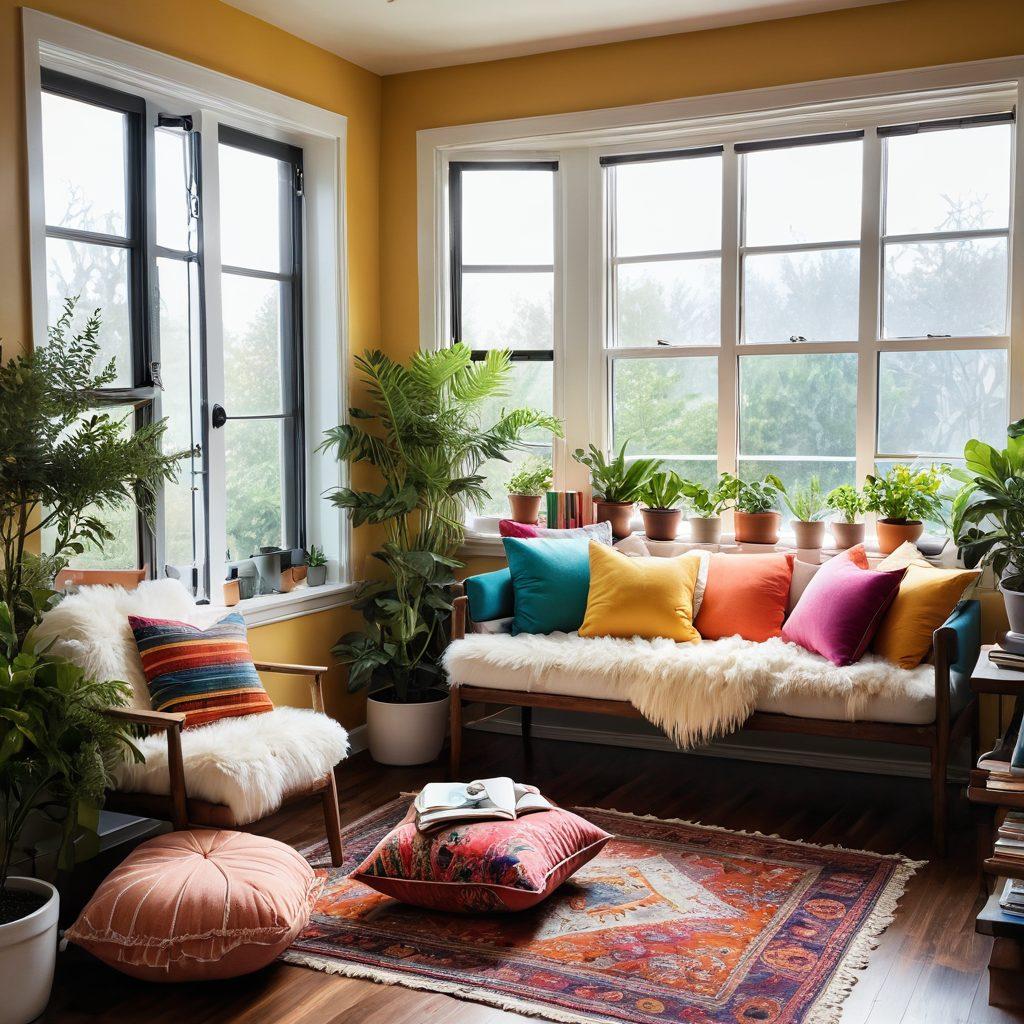 A cozy, sunlit room filled with vibrant plants and colorful cushions, featuring a serene reading nook by a window. Soft, warm lighting casts a gentle glow on an inviting workspace adorned with books and art. A cheerful atmosphere is created by splashes of color on the walls and the presence of essential oils in cute diffusers. Overall, the scene radiates tranquility and happiness. super-realistic. vibrant colors. warm lighting.